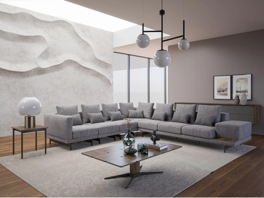 Luxus Set Wohnzimmer Textil Polstersofa L-Form Holz Couchtisch mit Beistelltisch