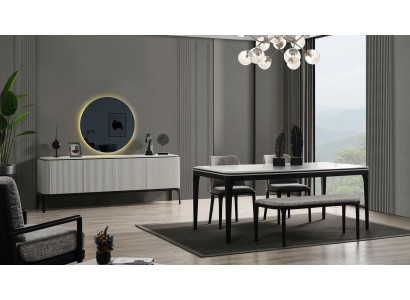  Esszimmer Set 8tlg.Esstisch 4x Stühle Spiegel Anrichte Bank Helles Farbe