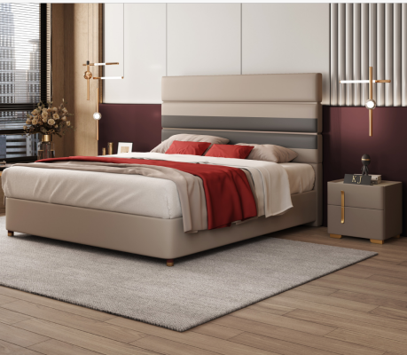 Leder Polster Bett Betten Hotel Luxus Designer Doppel Ehe Schlafzimmer Beige