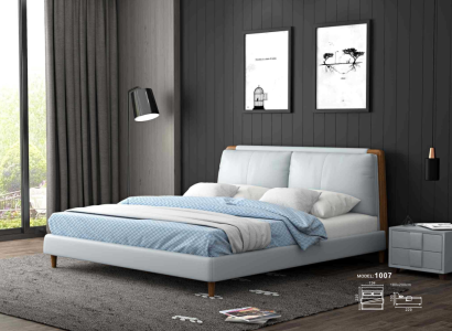 Moderne Doppelbett 180x200 in weißem Lederdesign auf Holzbeinen