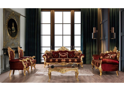 Bordeaux Rote Sofagarnitur Couch Gold Klassische Möbel Tisch 5tlg.