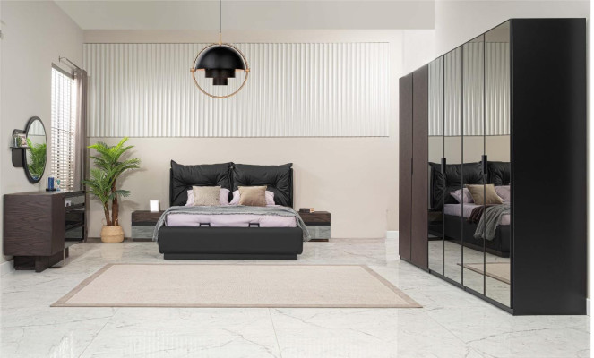 Doppelbett Garnitur Schlafzimmer Bett Nachttische Schwarz Set 6tlg