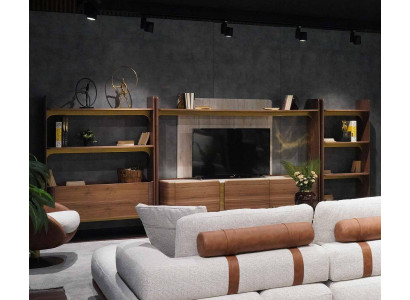 Luxus Wohnwand Design Wohnzimmer Garnitur Möbel Braun Holz Bücherregal Regale