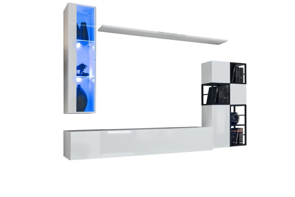 Hänge Vitrine Weiß Wohnwand Designer TV Ständer Komplett 9tlg Holzmöbel Regale