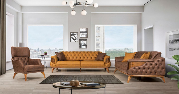 Dreisitzer Sofa Modern Sitzer Chesterfield Leder Gelb Design Wohnzimmer