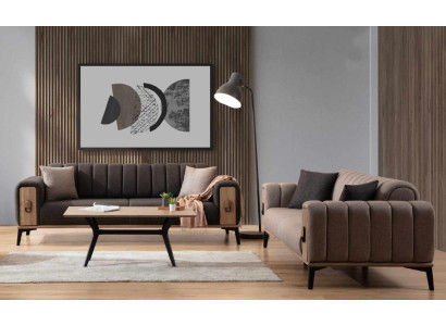 Braune Couchgarnitur 2x Dreisitzer Luxus Set Möbel Sofas Couchen Holzgestell