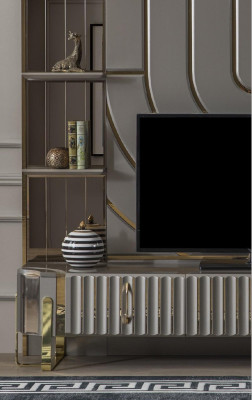 TV Ständer RTV Lowboard Sideboard Wohnzimmer Gold Grau Luxus Holz Neu