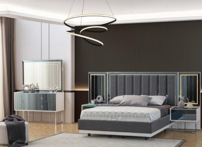 Moderne Grau-Weiße Schlafzimmer Möbel Holz Nachttische Doppelbett 5tlg