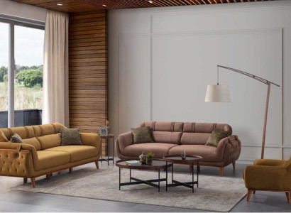 Chesterfield Braue Garnitur Wohnzimmer Sofas 2x Dreisitzer Sessel Möbel