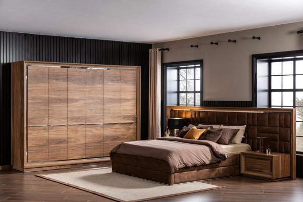 Schlafzimmer Set Bett + Nachttische Luxus Doppel Braun Hotelbetten Betten