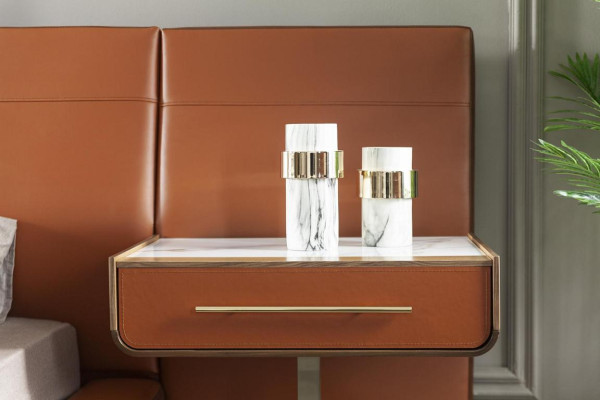 Luxus Schlafzimmer Set Orange Terrakotta Bett Leder Kommode Nachttisch 4tlg.