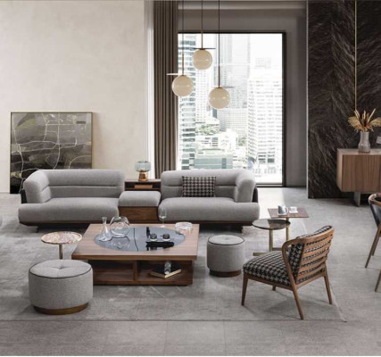 Luxus Wohnzimmer Set Grau Sofa mit Sessel 2x Hocker Modernen Design