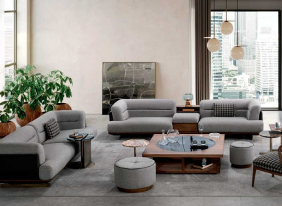 Luxus Wohnzimmer Set Grau Sofa mit Sessel 2x Hocker Modernen Design