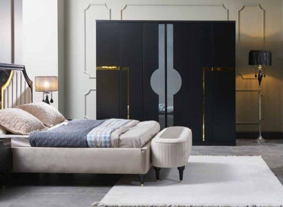 Schlafzimmer Bett Nachttisch Kleiderschrank Kommode Spiegel Hocker Schwarz 7tlg