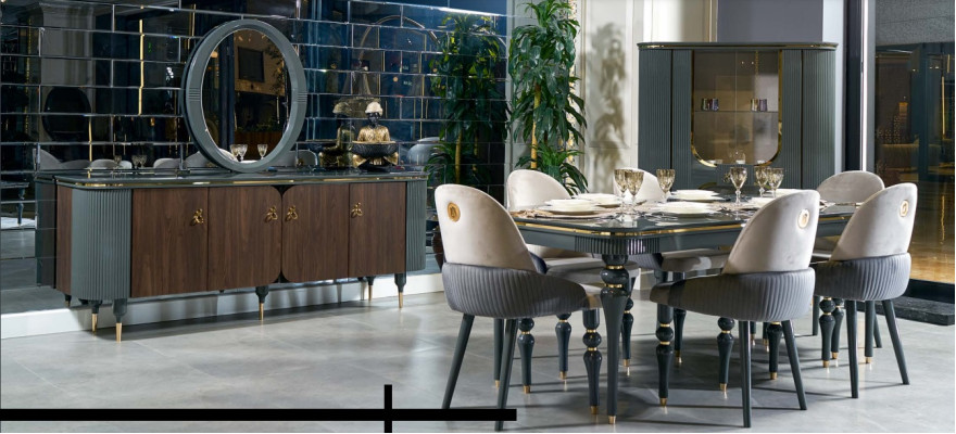 Esszimmer Set Garnitur Vitrine Tisch 6x Stuhl Kommode Spiegel Modern Neu 10tlg.