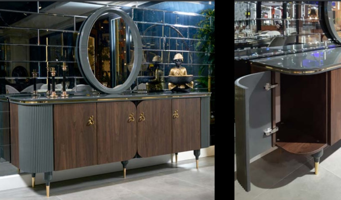 Esszimmer Set Garnitur Vitrine Tisch 6x Stuhl Kommode Spiegel Modern Neu 10tlg.