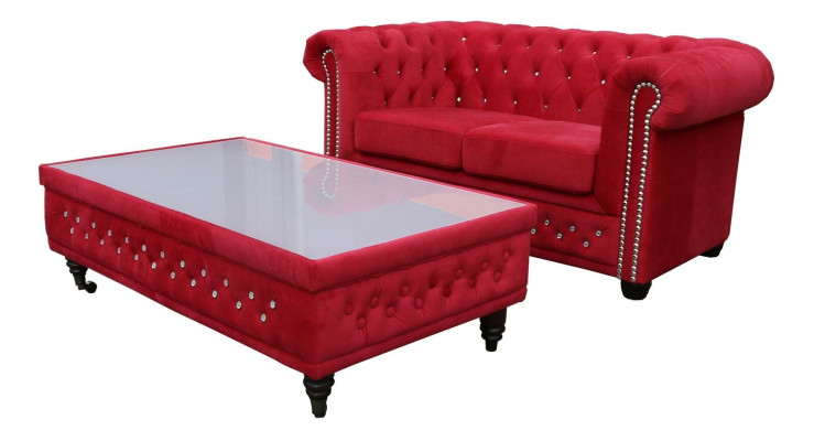 Chesterfield Textil Couch Polster 2 Sitzer Stoff Sofas Couchen Zweisitzer Rot