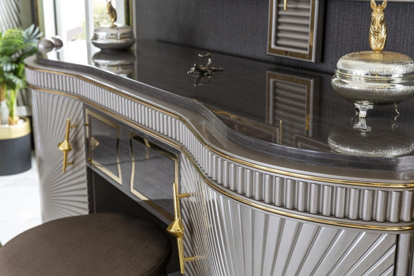 Schlafzimmer Set Grau Schminktisch Elegantes Spiegel Schön Hocker Holz Neu 3tlg.
