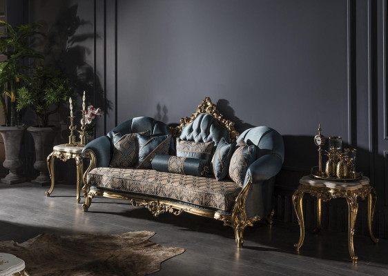 Wohnzimmer Set Blau Sofa 3 Sitzer Elegantes 2x Beistelltisch Design Neu 3tlg.