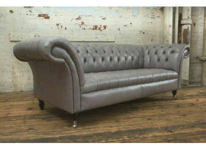 Grauer Chesterfield Dreisitzer Exklusive Wohnzimmer Couch