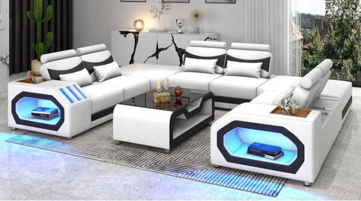 Design Wohnlandschaft Großes Sofa XXL U Form Ecksofa Ledersofa Rot LED