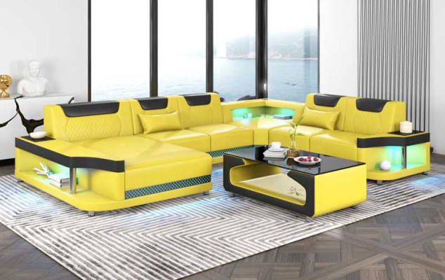 Großes Sofa Wohnlandschaft LED XXL U Form Ecksofa Ledersofa Schwarz