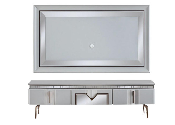 Wohnwand Wohnzimmer Grau Möbel Sideboard TV Wandpaneel Paneel 2tlg