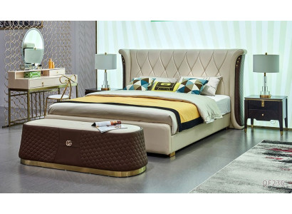 Set Schlafzimmer Luxus Leder Betten Bett 2x Nachttische Hocker Doppelbett