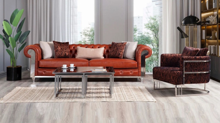 Chesterfield Sofagarnitur Kunstleder Dreisitzer Braun Couchgarnitur Couchen