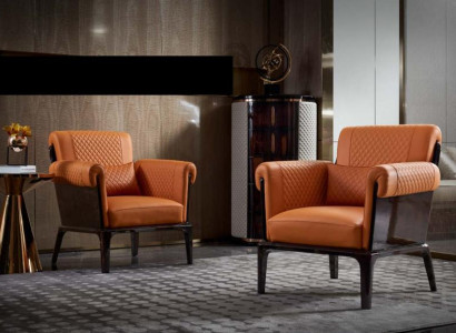 Sessel Orange Leder Stuhl Lehn Modern Design Möbel Luxus Wohnzimmer Holz Neu