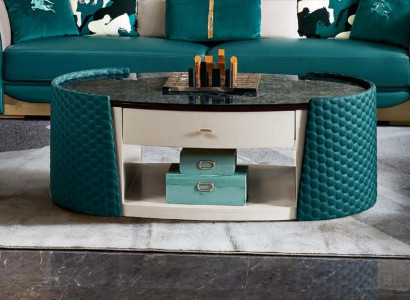 Couchtisch Holz Leder Turkis Ovaler Modern Design Möbel Luxus Wohnzimmer 140x83