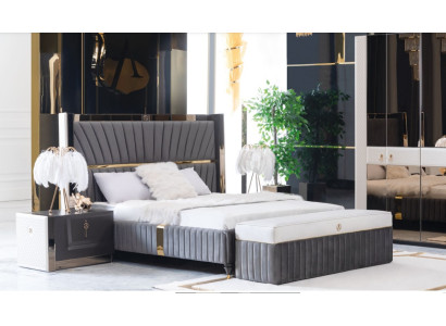 Luxus Bett 180x200cm mit Holz Kopfteil und 2 Nachttischen Italienische Möbel Neu