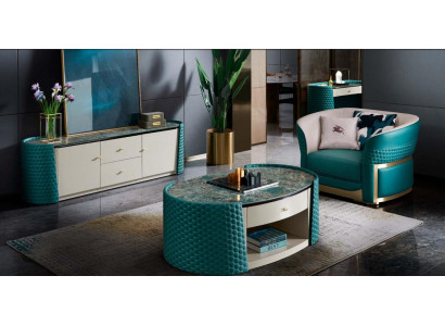 Couchtisch Unterschrank Holz Leder Turkis Modern Neu 2tlg. Design Möbel