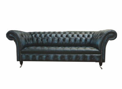Klassischer 3 Sitz Couch Polster Sitz Chesterfield Textil Leder Blau