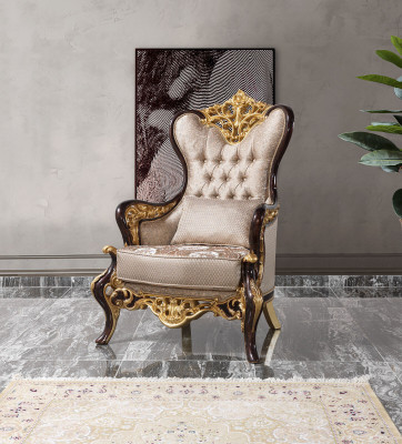 Ohrensessel Sessel Beige Barock Sitzer Stoff Polyester Wohnzimmer