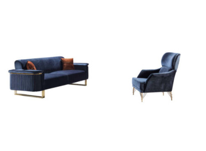 Blaues Wohnzimmer Set Designer 3-Sitzer Polstersessel Luxus Möbel 2tlg