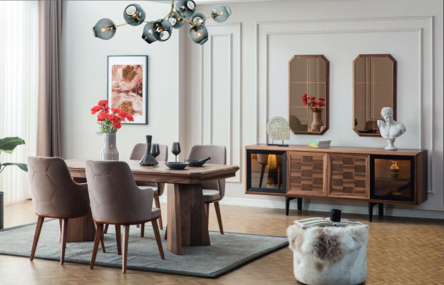 Komplette Essgruppe Designer Essecke Holz Esstisch 6x Polsterstühle