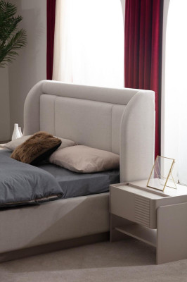 Designer Beiges Schlafzimmer Set Bett 2x Nachttische Kleiderschrank 5tlg