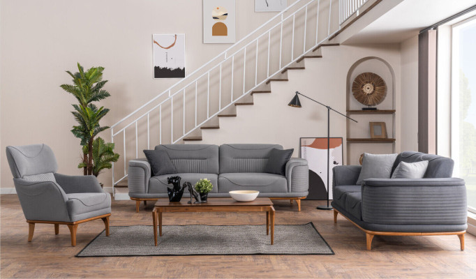Modernes graues 2-teiliges Wohnzimmerset Dreisitzer-Sofa und Sessel