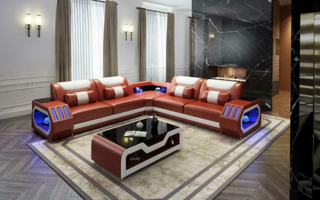 LED Beleuchtete Ecksofa Wohnzimmer Leder Couch Sitz Polster Wohnlandschaft Sofa
