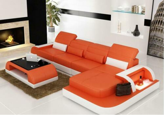 Wohnlandschaft Ecksofa Ledersofa Eck Couch Sofa mit Regal Polster Led