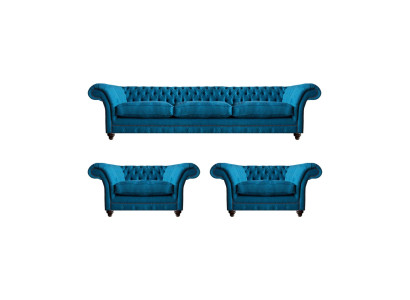 Polstermöbel Blau Sofagarnitur Textil Sitz Möbel Chesterfield Set Einrichtung