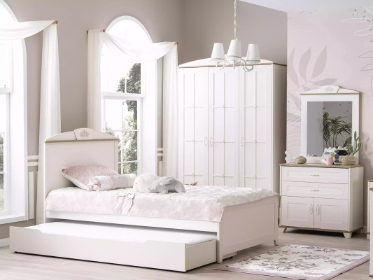 Funktionsbett Ausziehbares Kinderbett Bett Weiß Set 5tlg Holzbett