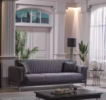 Grauer Dreisitzer Wohnzimmer Couchen 3-Sitzer Samtsofas Luxus Holz Möbel Sofa