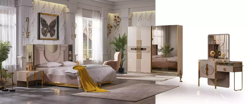 Beiges Schlafzimmer Set Bett 2x Nachttische Kleiderschrank Schminktisch