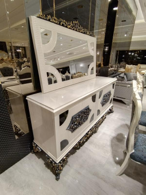 Glamouröses Esszimmer Set Esstisch + 6x Stühle + Kommod mit Spiegel 8 tlg