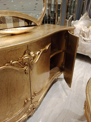 Klassisch Esstisch + 6x Stühle + Anrichte mit Spiegel Gold Holz Kommode Neu