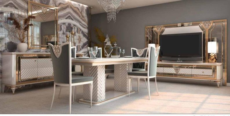 Stilvoller Esszimmerstuhl in grau-weißen Tönen mit barockem Design