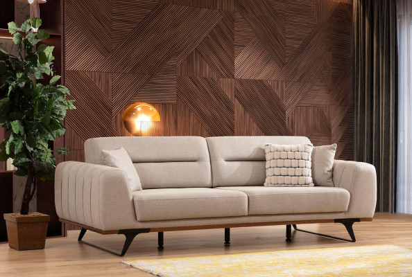 Sofagarnitur Klassischе Stoffsofa Dreisitzer Sessel Beige Polstersofa
