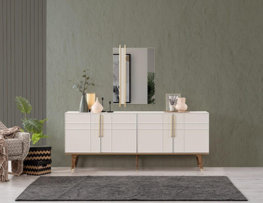 Anrichte Garnitur Sideboard mit Spiegel Kommoden Esszimmer Holz Weiß